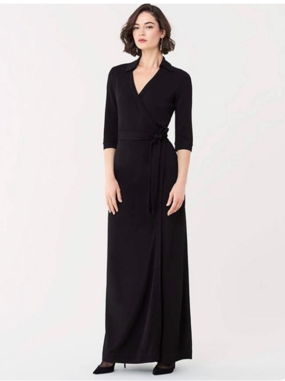 Diane Von Furstenberg Black Wrap Maxi Dress with Collar size 12 NWT